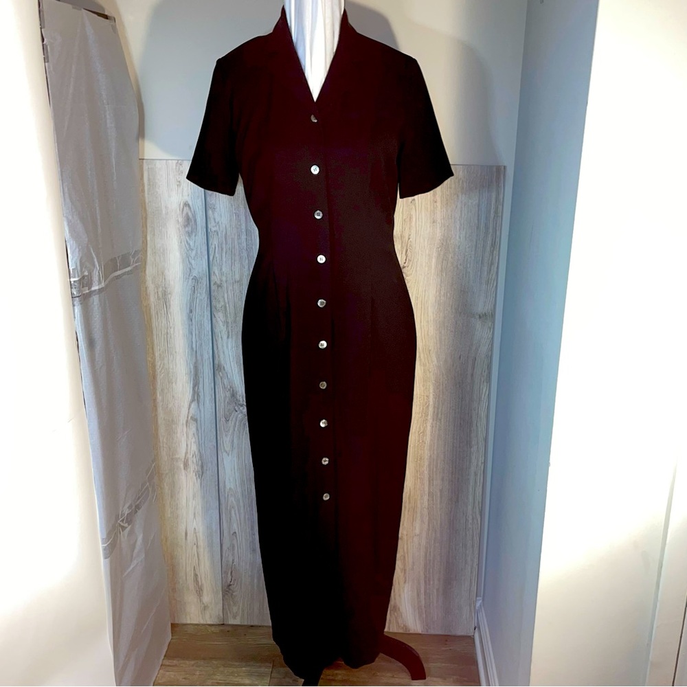 Doncaster Black Short Sleeve Button Down Collared Maxi Dress 96% Wool Size 8
